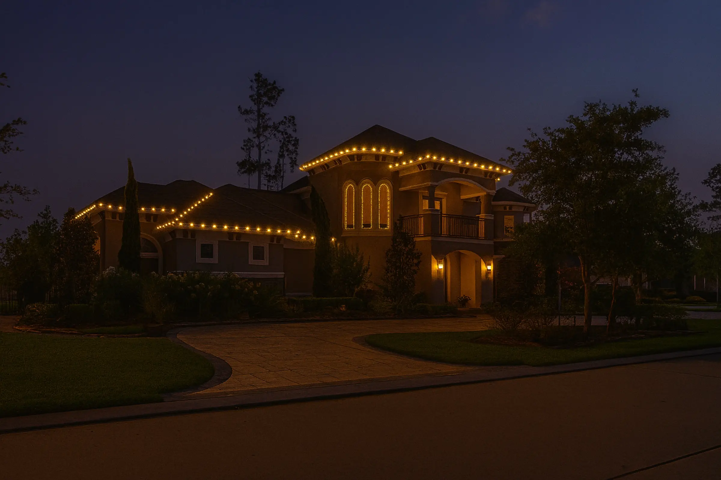 A large stucco estate at twilight with warm white C9 bulbs outlining every roofline and the arched front window, above a stamped-concrete circular drive